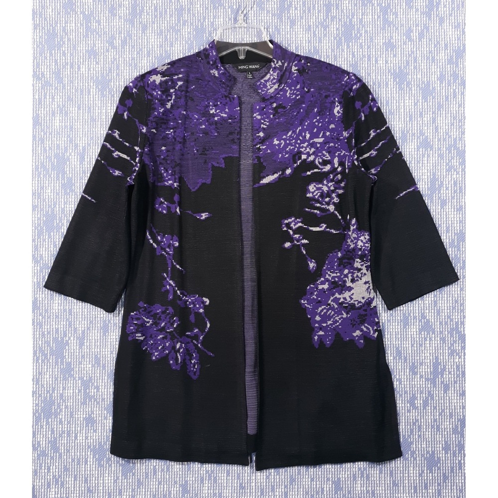 Ming Wang Cardigan Sweater Open Front Womens L Purple Long Sleeve Floral